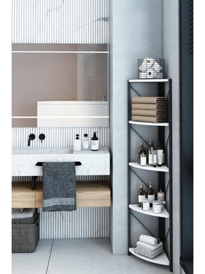 The Violett Datça 5 Raflı Metal Köşe Banyo Rafı Dekoratif Çok Amaçlı Raf Beyaz