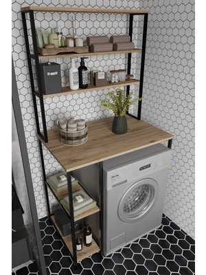 The Violett Remaks Çamaşır Makinası Dolabı Çamaşır Makinası Üstü Çok Raflı Düzenleyici Metal Banyo Dolabı Meşe