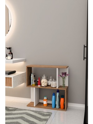 The Violett Belek 2 Raflı Banyo Rafı Çok Amaçlı Kitaplık Rafı Dekoratif Raf Beyaz-Meşe