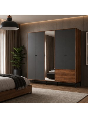 Adore Mobilya Madrid 5 Kapılı 2 Çekmeceli Aynalı Gardırop Oslo Ceviz - Antrasit 207X201X51 cm