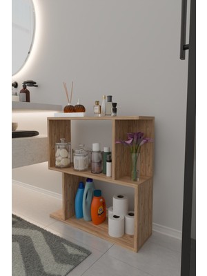 The Violett Belek 2 Raflı Banyo Rafı Çok Amaçlı Kitaplık Rafı Dekoratif Raf Beyaz-Meşe