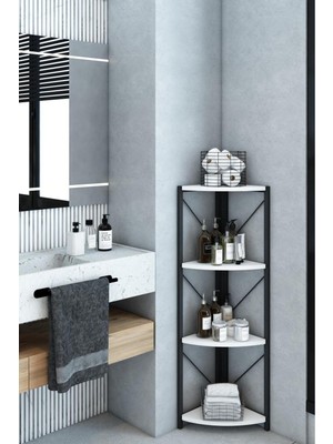 The Violett Datça 4 Raflı Banyo Rafı Köşe Metal Çok Amaçlı Dekoratif Raf Beyaz