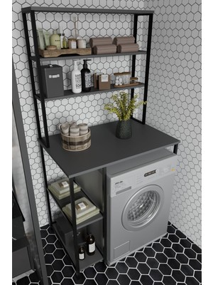 The Violett Remaks Çamaşır Makinası Dolabı Çamaşır Makinası Üstü Çok Raflı Düzenleyici Metal Banyo Dolabı Antrasit