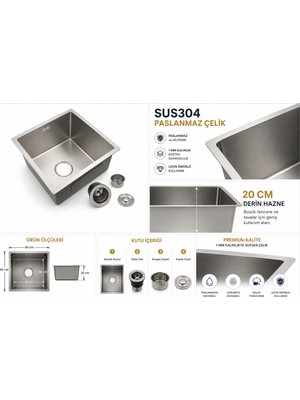 Compact 40X45 cm Inox Mutfak Evyesi – SUS304 Paslanmaz Çelik | 1 mm Kalınlık | Ankastre Evye