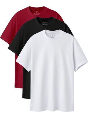 Velvoria Unisex Oversize Basic 3'lü Siyah Beyaz Bordo Renk T-Shirt