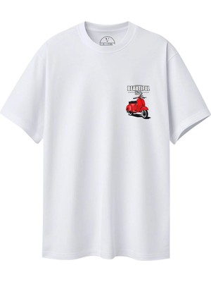 Velvoria Unisex Oversize Beautıful Ride Baskılı Beyaz Renk T-Shirt