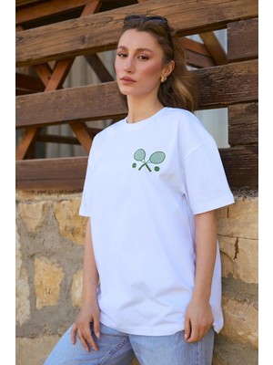Velvoria Unisex Oversize Relaxed Tennis Baskılı Beyaz Renk T-Shirt