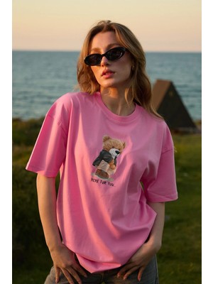 Velvoria Oversize Kadın Here For You Baskılı Pembe Renk T-Shirt
