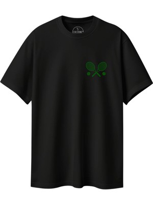 Velvoria Unisex Oversize Relaxed Tennis Baskılı Siyah Renk T-Shirt