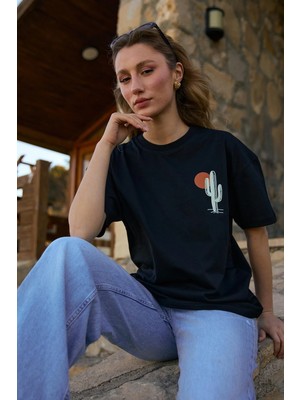 Velvoria Unisex Oversize Siyah Cactus T-Shirt