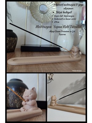Meta Threed Ahşap Desen Meditasyon Yapan Kedi Tütsülük -24 cm - 3D Baskı