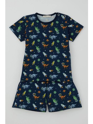 Breeze Erkek Bebek Şortlu Pijama Takımı Uzay Temalı Astronot Dinozor Desenli 9 Ay-3 Yaş, Lacivert