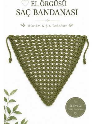 Neholia El Örgüsü Saç Bandanası Haki Yeşil Bohem Tarz Üçgen Bandana Kadın Saç Aksesuarı Yazlık Bandana