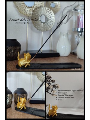 Meta Threed Siyah & Altın Renk Kedi Figürlü Tütsülük -  24 cm - 3D Baskı Dekoratif Tütsü Standı