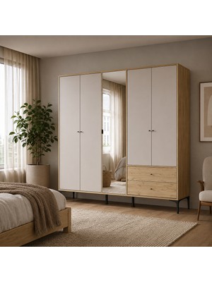 Adore Mobilya Madrid 5 Kapılı 2 Çekmeceli Aynalı Gardırop Florida Meşe - Vizon 207X201X51 cm