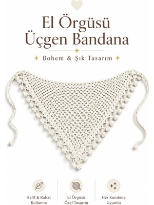 Neholia El Örgüsü Üçgen Saç Bandanası Kadın Bohem Bandana Yazlık Saç Aksesuarı Ayarlanabilir Beyaz Dantel Bandana