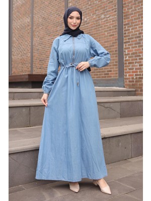 İmaj Butik Açık Mavi Kol Lastikli Yarım Fermuarlı Kot Elbise