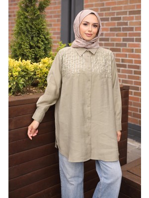 İmaj Butik Haki Pul Payet Işlemeli Gömlek
