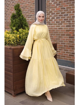 İmaj Butik Sarı Kol Katlı Bel Bağlamalı Elbise