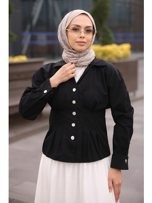 İmaj Butik Siyah Kol Katlı Önü Pens Detaylı Gömlek