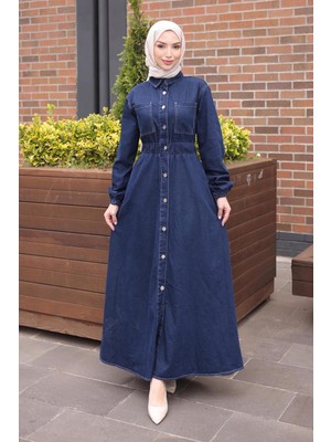 İmaj Butik Lacivert Bel Lastikli Düğmeli Kot Elbise