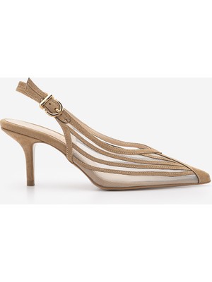 Marjin Kadın Stiletto Sivri Burun Transparan Fileli Atkılı Klasik Topuklu Ayakkabı Vimola Camel Süet