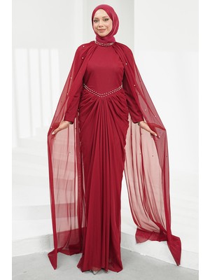 İmaj Butik Bordo Omuz Pelerinli Incili Abiye