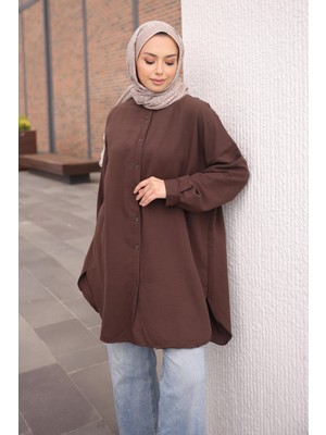 İmaj Butik Kahverengi Düğmeli Basic Salaş Tunik