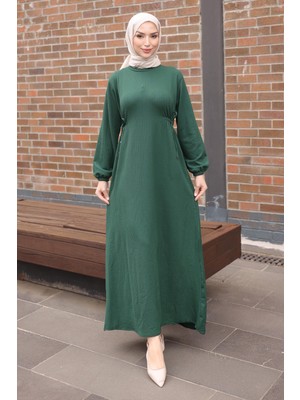 İmaj Butik Zümrüt Yeşili Bisiklet Yaka Bel ve Kol Lastikli Bürümcük Elbise