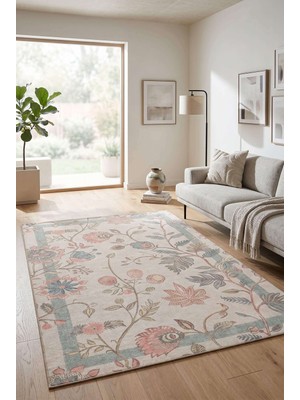 Artloop Florart Bej Çiçek Desenli Dokuma Tabanlı Modern Şönil Halı Al 533