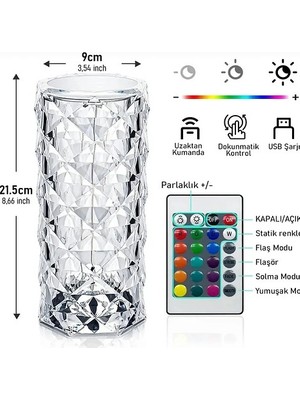 Yvz Store Kristal Elmas LED Dokunmatik Şarjlı Kumandalı Masa Lambası Rgb