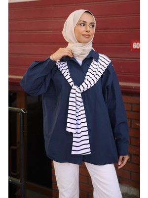 İmaj Butik Lacivert Şal Bağlama Detaylı Garnili Gömlek