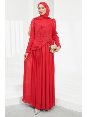İmaj Butik Kırmızı Ön Büzgülü Pileli Abiye