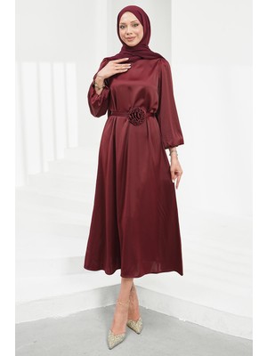 İmaj Butik Bordo Gül Kemer Detaylı Balon Kol Saten Abiye