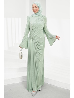 İmaj Butik Mint Yeşili Bel Büzgülü Taşlı Abiye