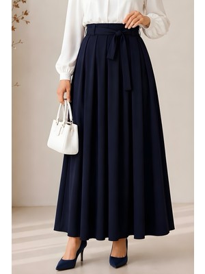 İmaj Butik Lacivert Bel Kemerli Pileli Etek