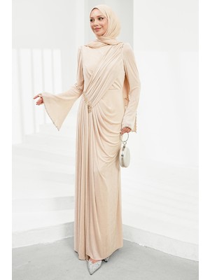 İmaj Butik Bej Bel Büzgülü Taşlı Abiye