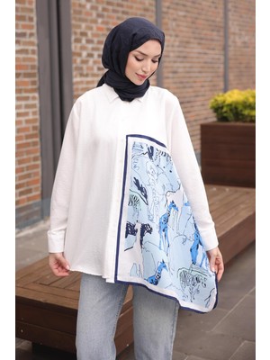 İmaj Butik Ekru Asimetrik Fular Detaylı Gömlek
