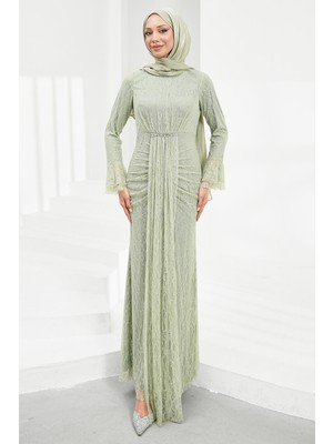 İmaj Butik Mint Yeşili Kol Ucu Volanlı Taşlı Dantel Abiye