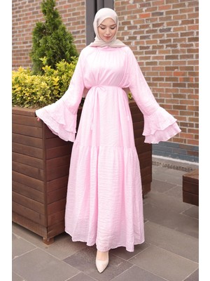 İmaj Butik Pembe Kol Katlı Bel Bağlamalı Elbise