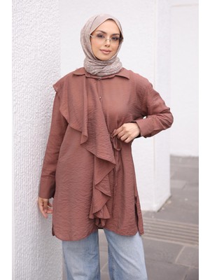 İmaj Butik Kahverengi Önü Fırfır Detaylı Gömlek