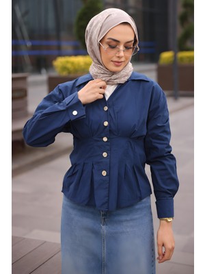 İmaj Butik Lacivert Kol Katlı Önü Pens Detaylı Gömlek