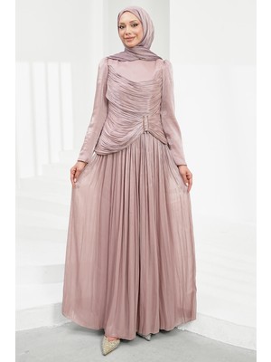 İmaj Butik Pudra Ön Büzgülü Pileli Abiye