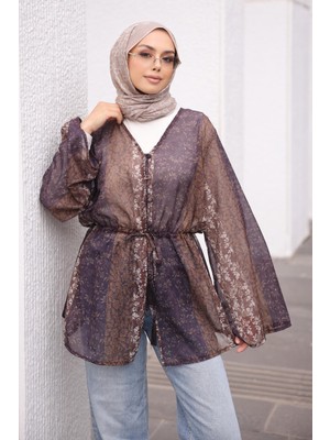 İmaj Butik Kahverengi Bel Bağlamalı Desenli Şifon Gömlek