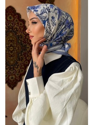 İmaj Butik Mavi Desenli Ipek Eşarp