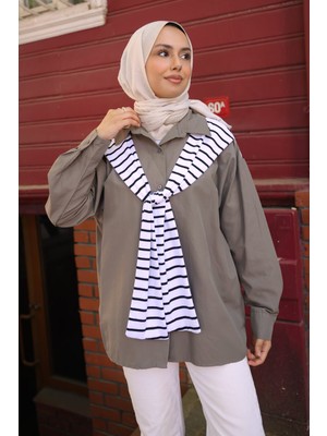 İmaj Butik Haki Şal Bağlama Detaylı Garnili Gömlek