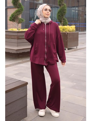 İmaj Butik Mürdüm Fermuarlı Tunik Pantolonlu Modal Takım