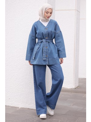 İmaj Butik Mavi Kemerli Kot Ceket Pantolonlu Takım