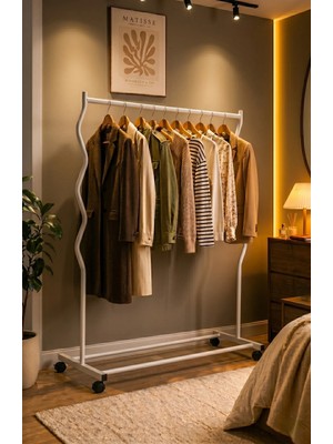 Arvion Home  Modern Beyaz Lüks Desenli Metal Tekerlekli Konfeksiyon Askılığı ve Dayanıklı Taşınabilir Raflı Stand