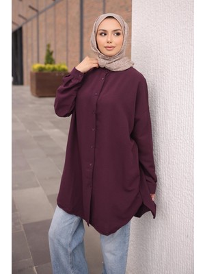 İmaj Butik Mürdüm Düğmeli Basic Salaş Tunik